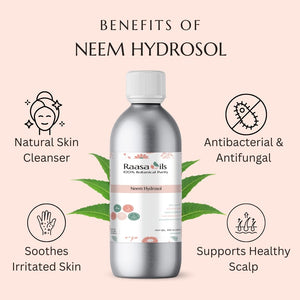 Bottle of Raasa Oils Neem Hydrosol with benefits listed on a pink background