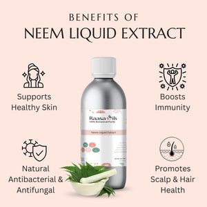 Bottle of Raasa Neem Liquid Extract with benefits listed on a pink background