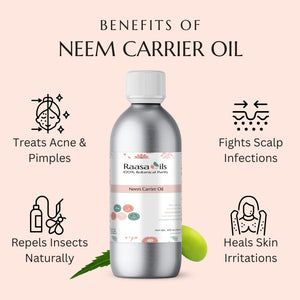 Bottle of Raasa Oils Neem Carrier Oil with benefits listed on a pink background