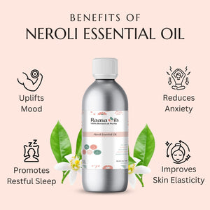 Raasa Oils Neroli essential oil bottle with benefits listed on a pink background