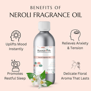 Raasa Oils Neroli Fragrance Oil bottle with benefits listed on a pink background