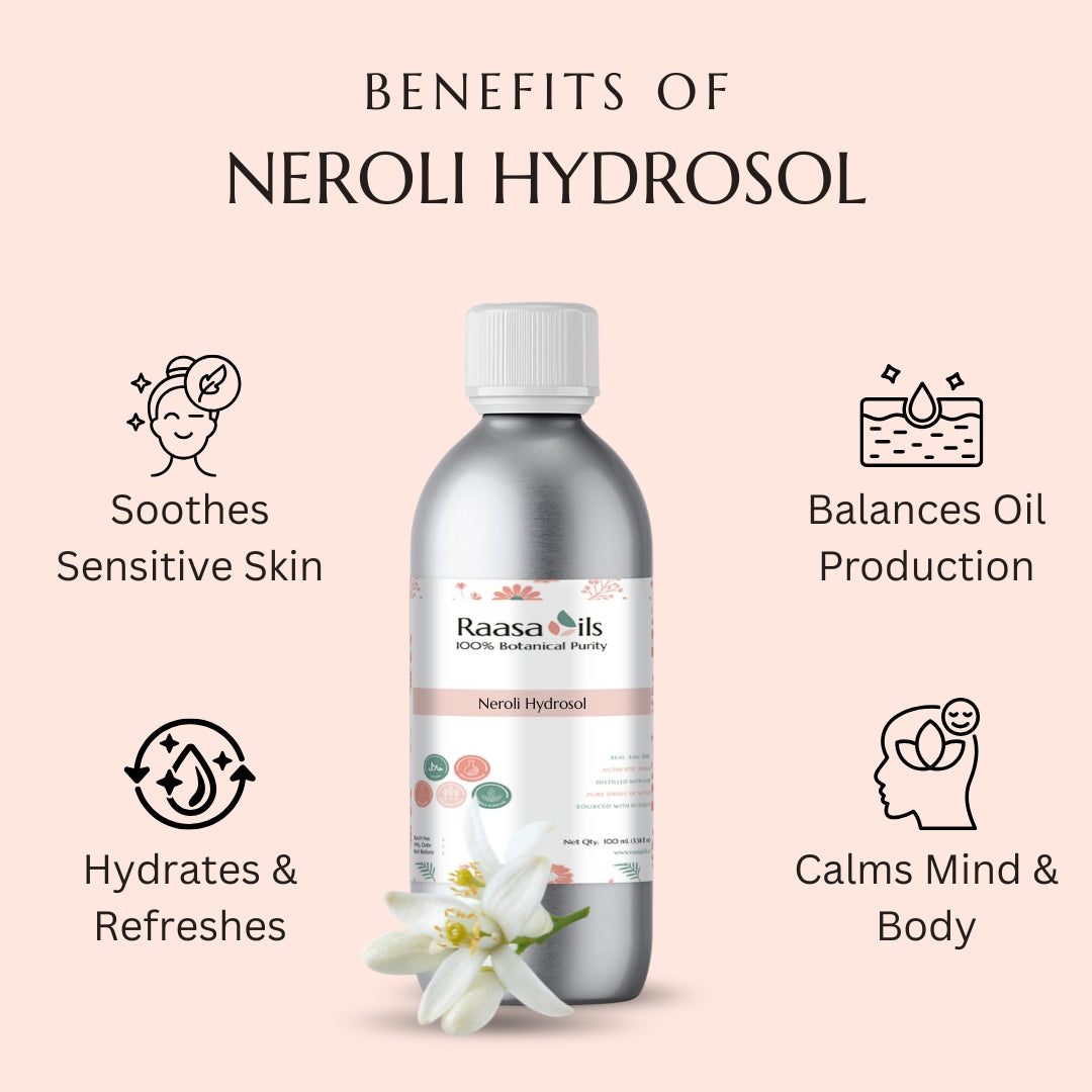 Bottle of Raasa Oils Neroli Hydrosol with benefits listed on a pink background
