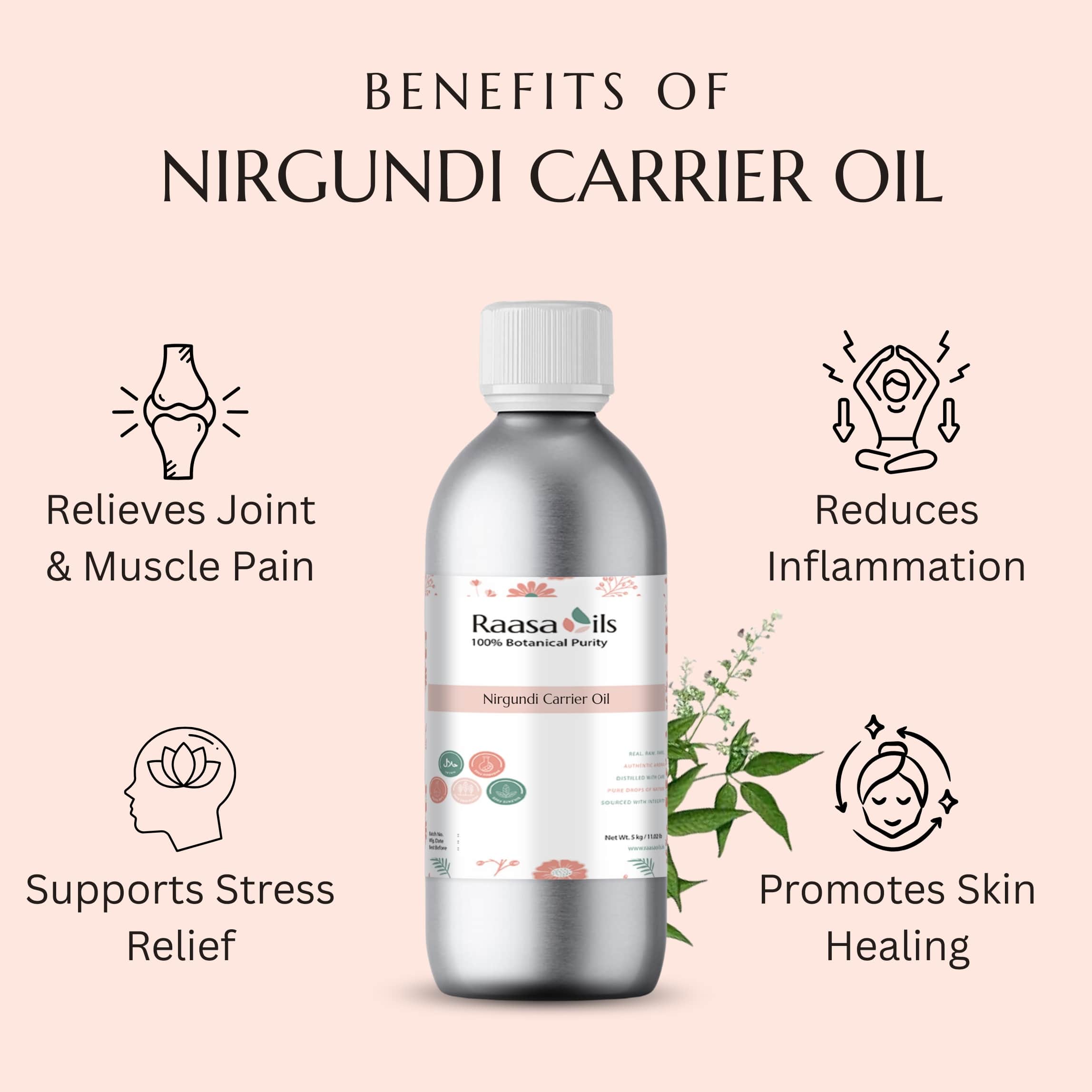 Nirgundi carrier oil bottle with benefits listed on a pink background