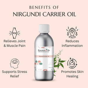 Nirgundi carrier oil bottle with benefits listed on a pink background