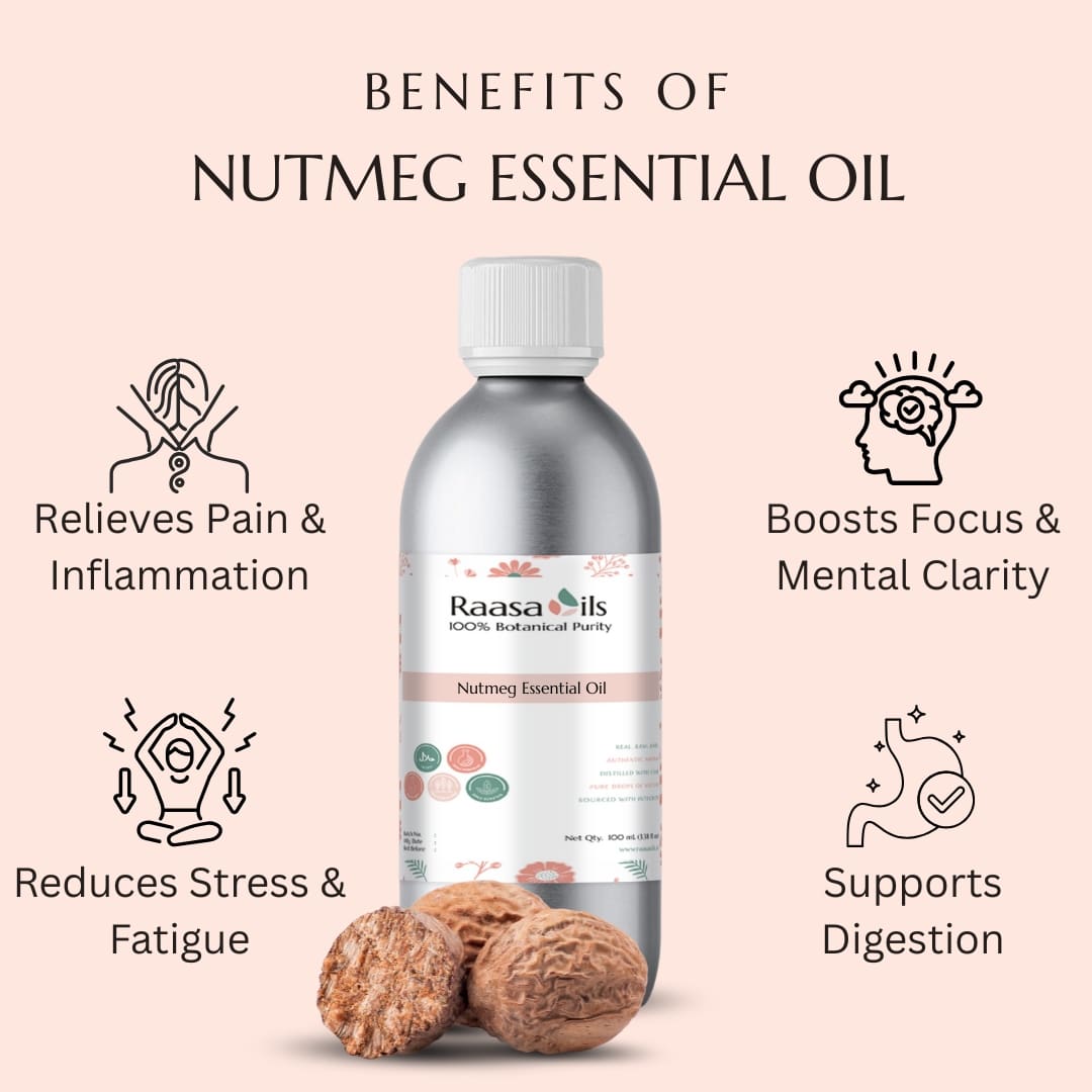 Bottle of Raasa Oils Nutmeg Essential Oil with benefits listed on a pink background