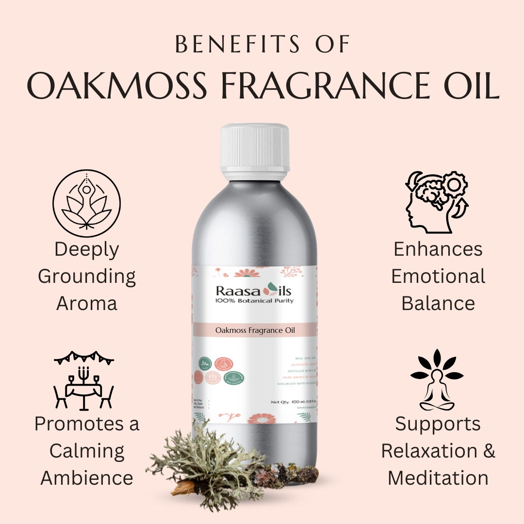Raasa Oils Oakmoss Fragrance Oil bottle with benefits listed on a pink background
