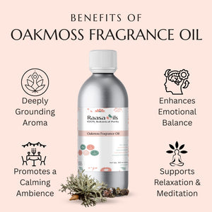 Raasa Oils Oakmoss Fragrance Oil bottle with benefits listed on a pink background