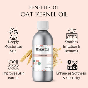 Bottle of Raasa Oils oat kernel oil with benefits listed on a pink background