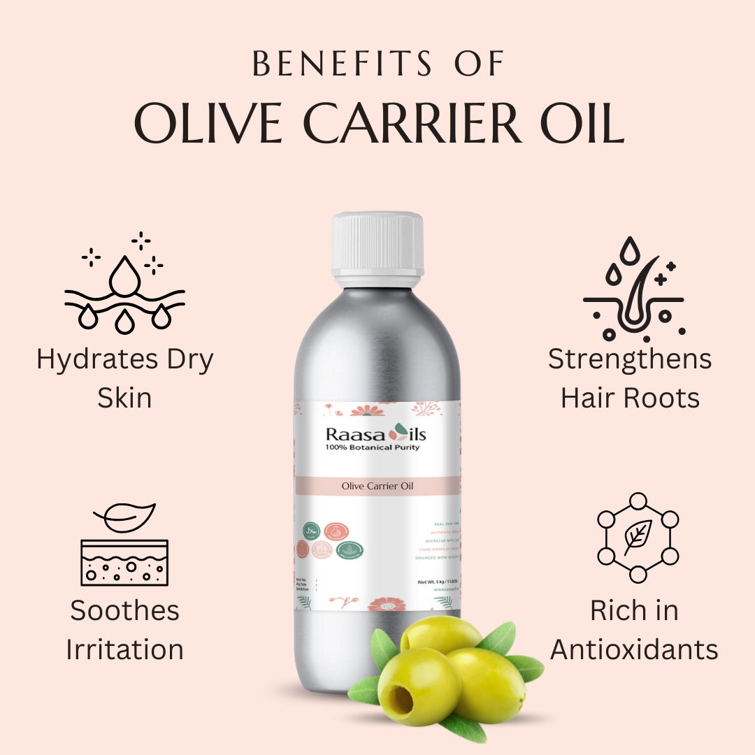 Bottle of Raasa Oils olive carrier oil with benefits listed on a pink background