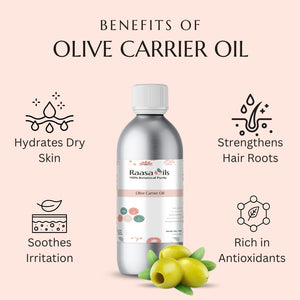 Bottle of Raasa Oils olive carrier oil with benefits listed on a pink background