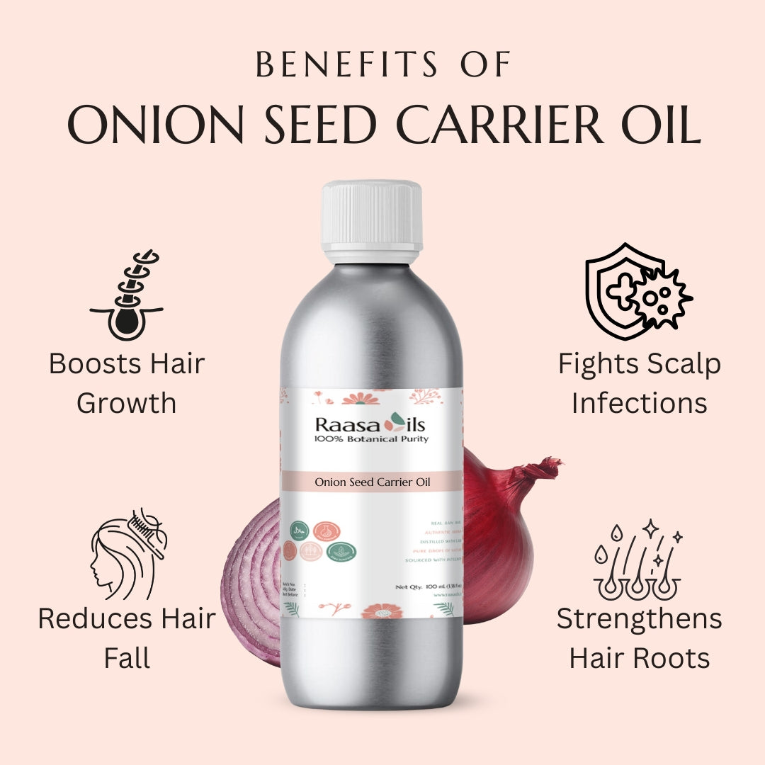 Bottle of Raasa Oils Onion Seed Carrier Oil with benefits listed on a pink background