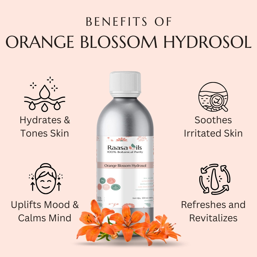 Raasa Oils Orange Blossom Hydrosol bottle with benefits listed on a pink background