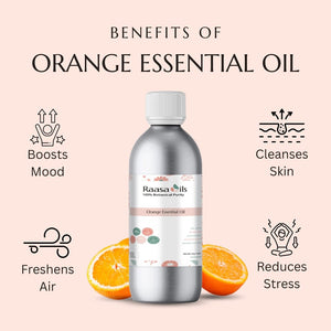Bottle of Raasa Oils Orange Essential Oil with benefits listed on a pink background