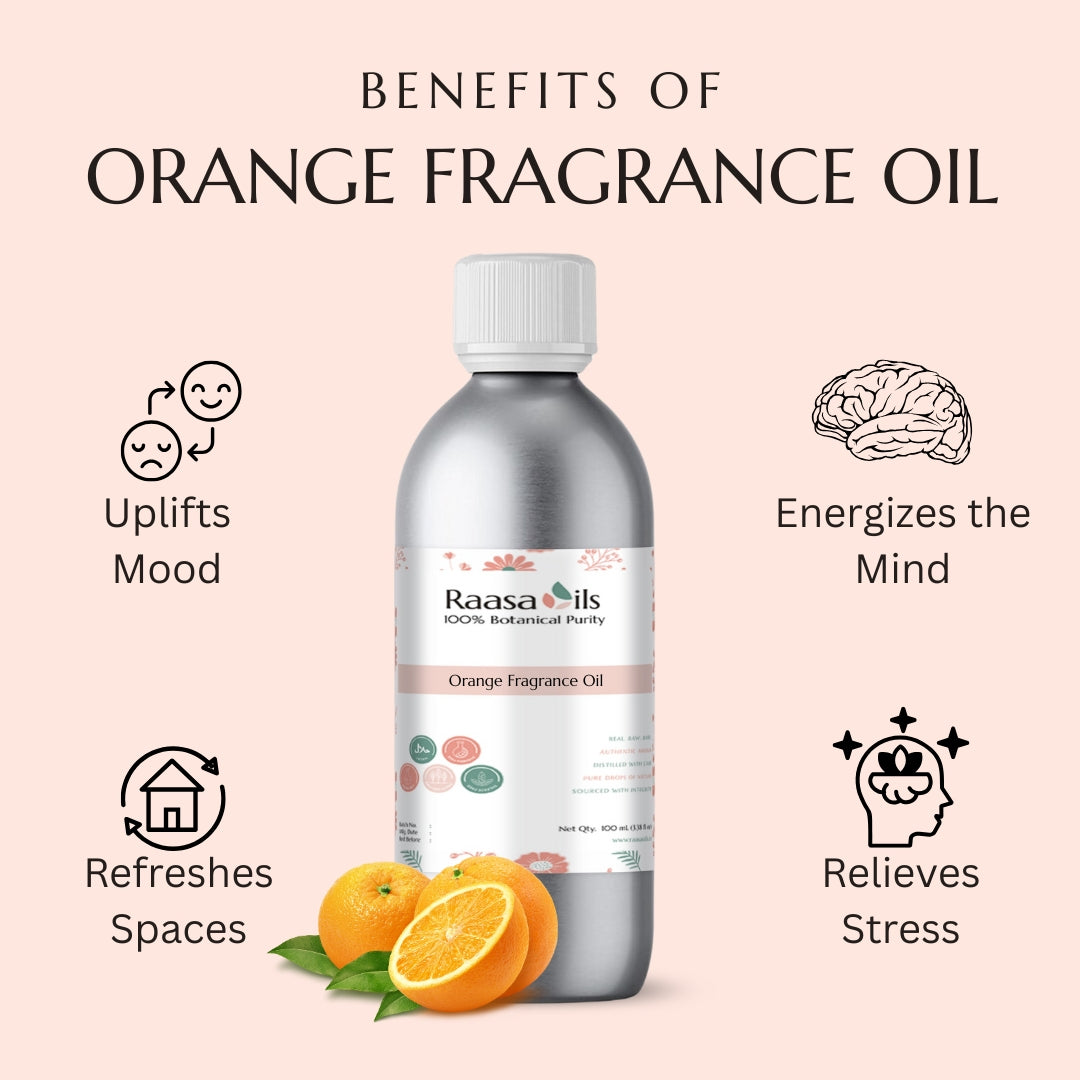 Bottle of Raasa Oils Orange Fragrance Oil with benefits listed on a pink background