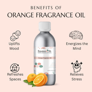 Bottle of Raasa Oils Orange Fragrance Oil with benefits listed on a pink background
