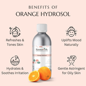 Bottle of Raasa Oils Orange Hydrosol with benefits listed on a pink background