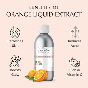 Bottle of Raasa Oils Orange Liquid Extract with benefits listed on a beige background