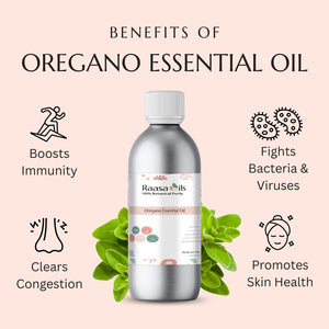 Bottle of Raasa Oregano Essential Oil with benefits listed on a pink background