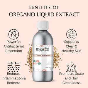 Oregano liquid extract bottle with benefits listed on a pink background