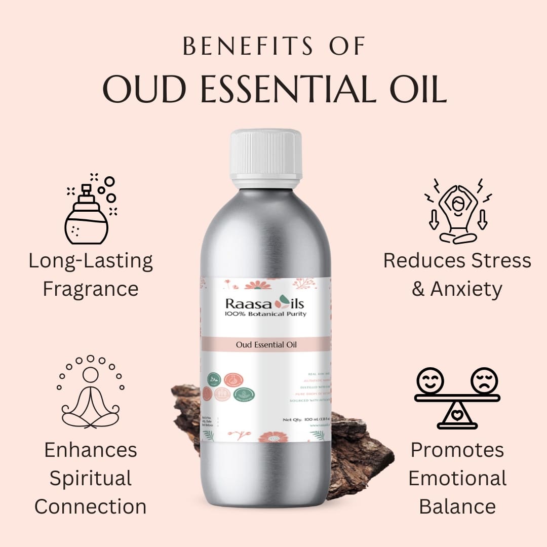 Bottle of Oud Essential Oil with benefits listed on a light pink background