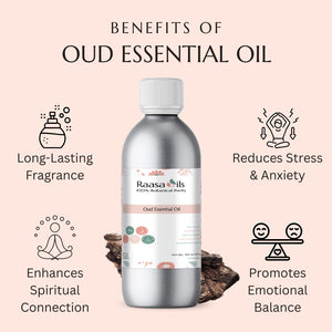 Bottle of Oud Essential Oil with benefits listed on a light pink background