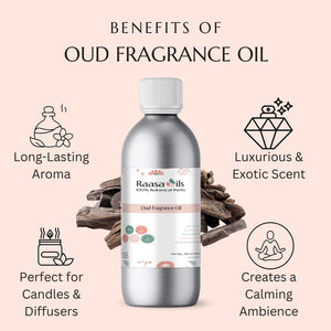Oud fragrance oil bottle with benefits listed on a pink background