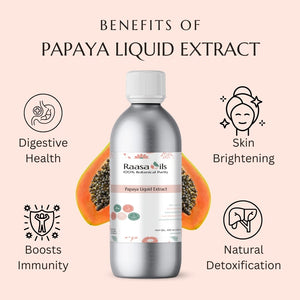 Bottle of Raasa Oils Papaya Liquid Extract with benefits listed on a pink background