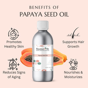Bottle of Raasa Oils Papaya Seed Oil with benefits listed on a pink background