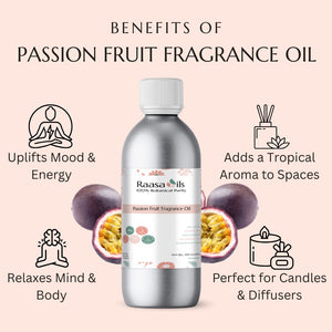 Bottle of Raasa Oils Passion Fruit Fragrance Oil with benefits listed on a pink background