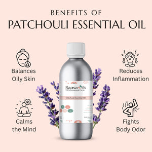 Bottle of Raasa Oils Patchouli Essential Oil with benefits listed on a beige background