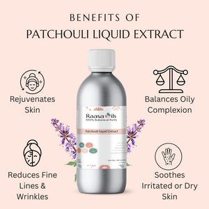 Bottle of Raasa Oils Patchouli Liquid Extract with benefits listed on a pink background