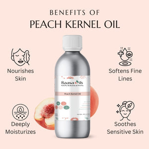Bottle of Raasa Oils Peach Kernel Oil with benefits listed on a pink background