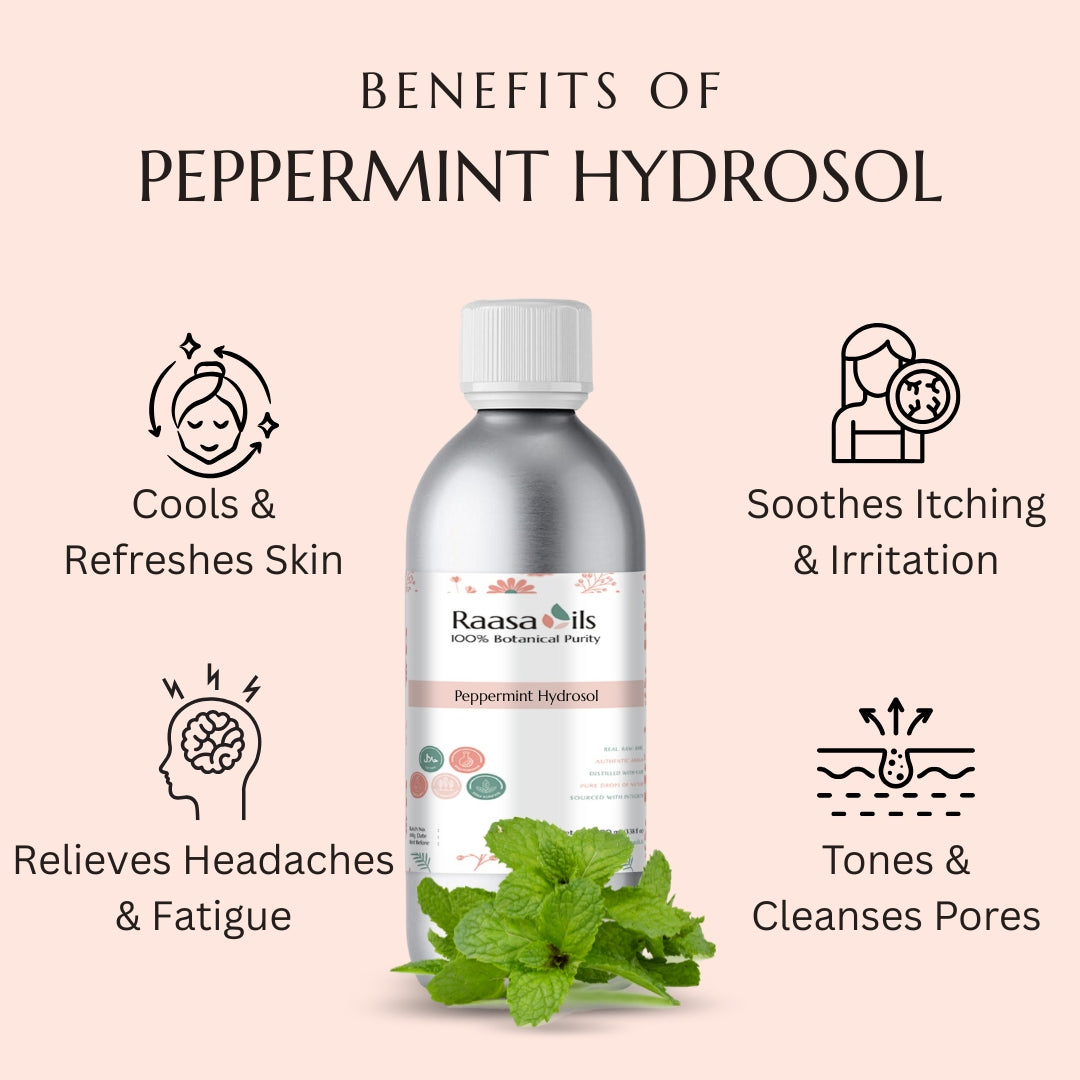 Peppermint hydrosol bottle with benefits listed on a pink background