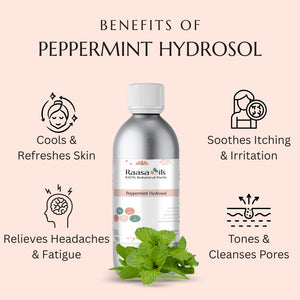 Peppermint hydrosol bottle with benefits listed on a pink background