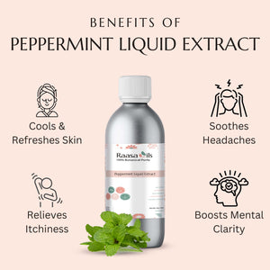Bottle of Raasa Oils peppermint liquid extract with benefits listed on a light pink background