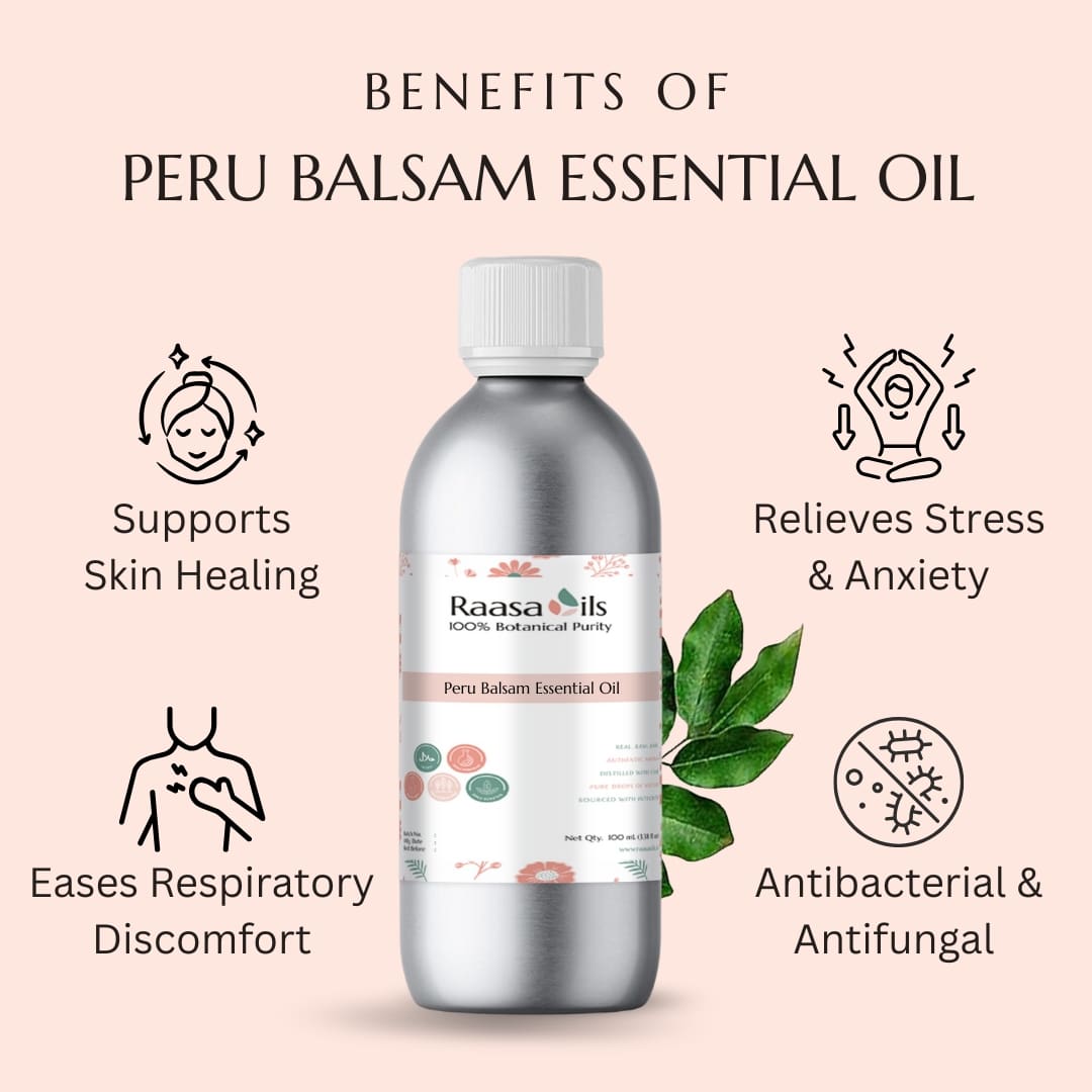Peru Balsam essential oil bottle with benefits listed on a pink background