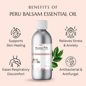 Peru Balsam essential oil bottle with benefits listed on a pink background