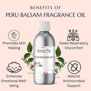 Bottle of Peru Balsam Fragrance Oil with benefits listed on a pink background