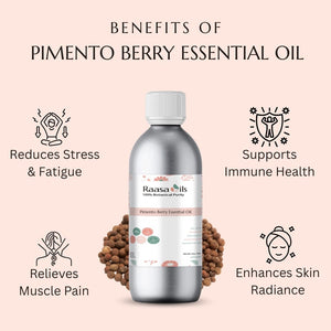 Pimento berry essential oil bottle with benefits listed on a pink background