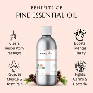 Bottle of Raasa Oils Pine Essential Oil with benefits listed on a pink background