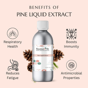 Raasa Oils Pine Liquid Extract bottle with benefits listed on a pink background