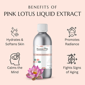 Bottle of Raasa Oils Pink Lotus Liquid Extract with benefits listed on a pink background