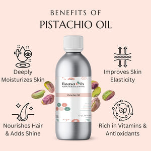 Bottle of Raasa Oils Pistachio Oil with benefits listed on a pink background