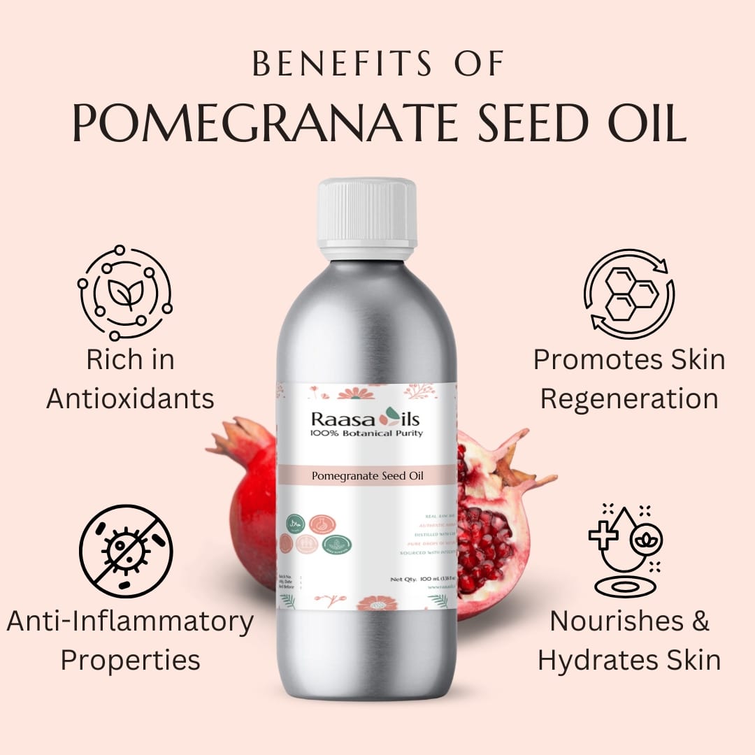 Bottle of Raasa Oils Pomegranate Seed Oil with benefits listed on a pink background