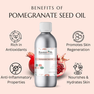 Bottle of Raasa Oils Pomegranate Seed Oil with benefits listed on a pink background