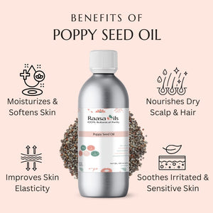 Bottle of Raasa Oils poppy seed oil with benefits listed on a pink background