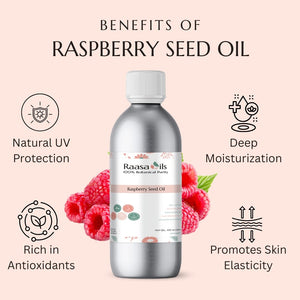 Bottle of raspberry seed oil with benefits listed on a pink background