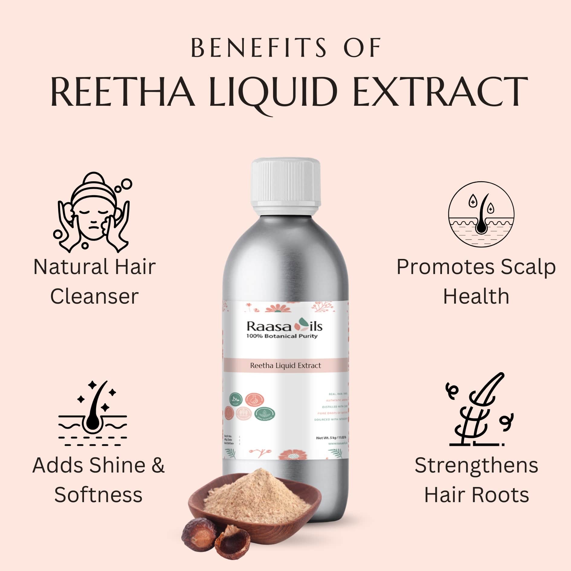 Raasa Oils Reetha Liquid Extract bottle with benefits listed on a pink background