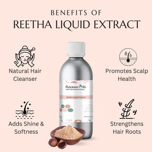 Raasa Oils Reetha Liquid Extract bottle with benefits listed on a pink background