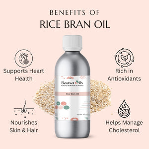 Bottle of Raasa Oils Rice Bran Oil with benefits listed on a pink background